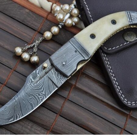 Damascus Steel Folding Knife Pocket Knife Camel Bone & Damascus Handle